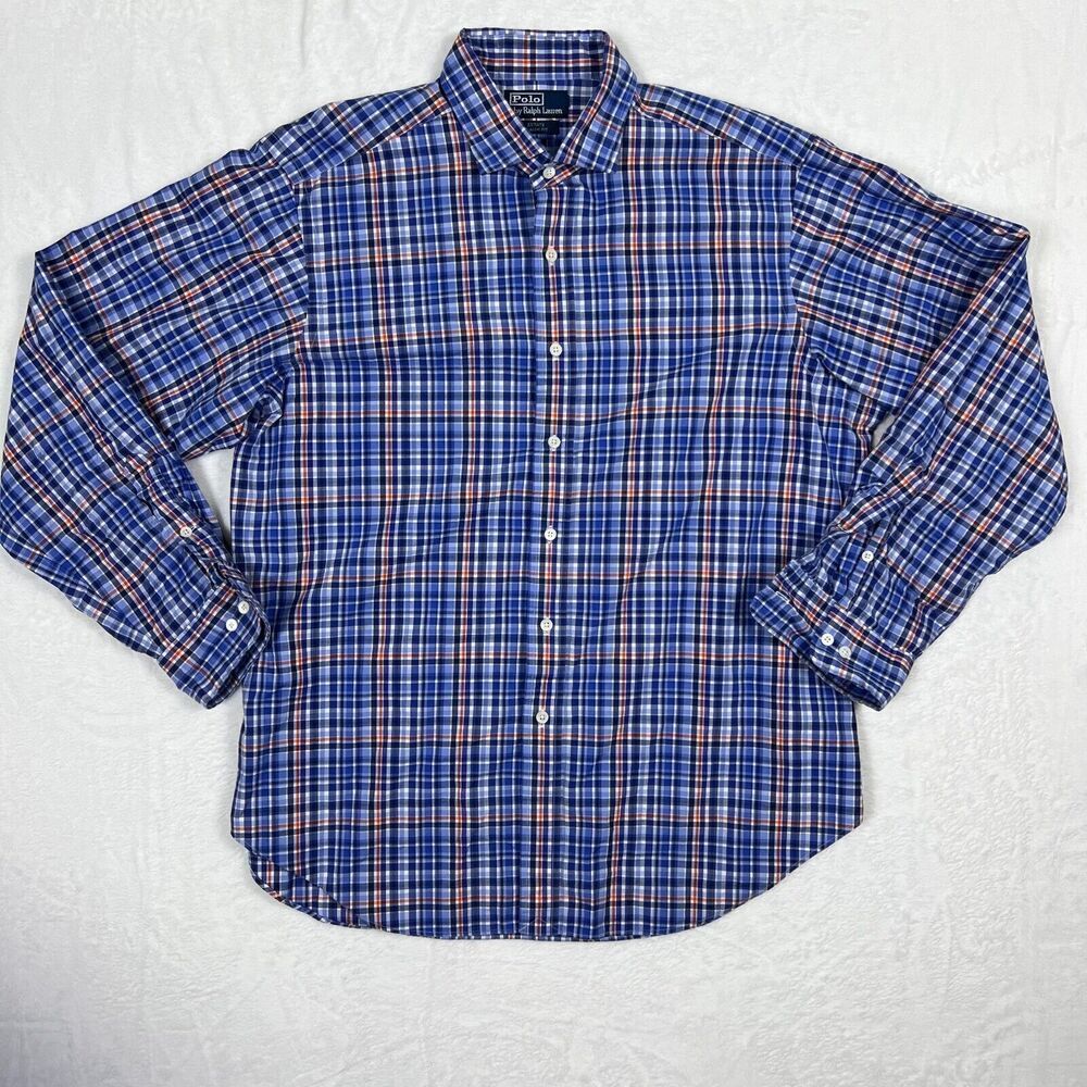Ralph Lauren Polo Men's Button Up Shirt Size XL Blue Plaid Custom Fit Collared